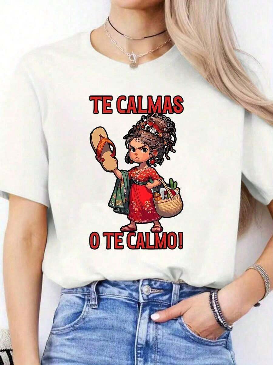 You Calm Down Or I'll Calm You Down, Casual Print, Comfortable And Versatile, 220g Pure Cotton Printed T-Shirt With Letter Pattern, Loose Fit, Casual And Versatile T-Shirt, Y2k Style - 白色 - 查看 1