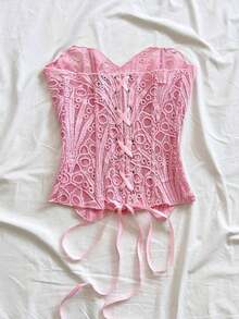 2026 Nuevo con forma de corsé de estilo europeo y americano, sexy para vacaciones, de doble capa de encaje, con bordado calado, color azul profundo - Rosa - Ver 2