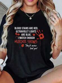 New Fashionable Loose Fit T-Shirt For Women With Blood Palm Print - Casual, 100% Cotton, Round Neck Design, Suitable For All Seasons, One Piece, 200 Gsm - Unisex Short Sleeve Round Neck Cotton T-Shirt, Urban Vintage Style. - 黑色 - 查看 9