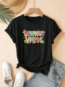 Women's T-Shirt With A Vibrant Summer Ice Cream Letter Print, A  And Cute Design, Suitable For Young Ladies. It Features Short Sleeves, A Round Neck, And A Pullover Style. Machine Washable, It's A Perfect Choice For Everyday Casual Wear. Ideal As A Gift, Suitable For Home, Office, And Other Occasions. - 黑色 - 查看 1