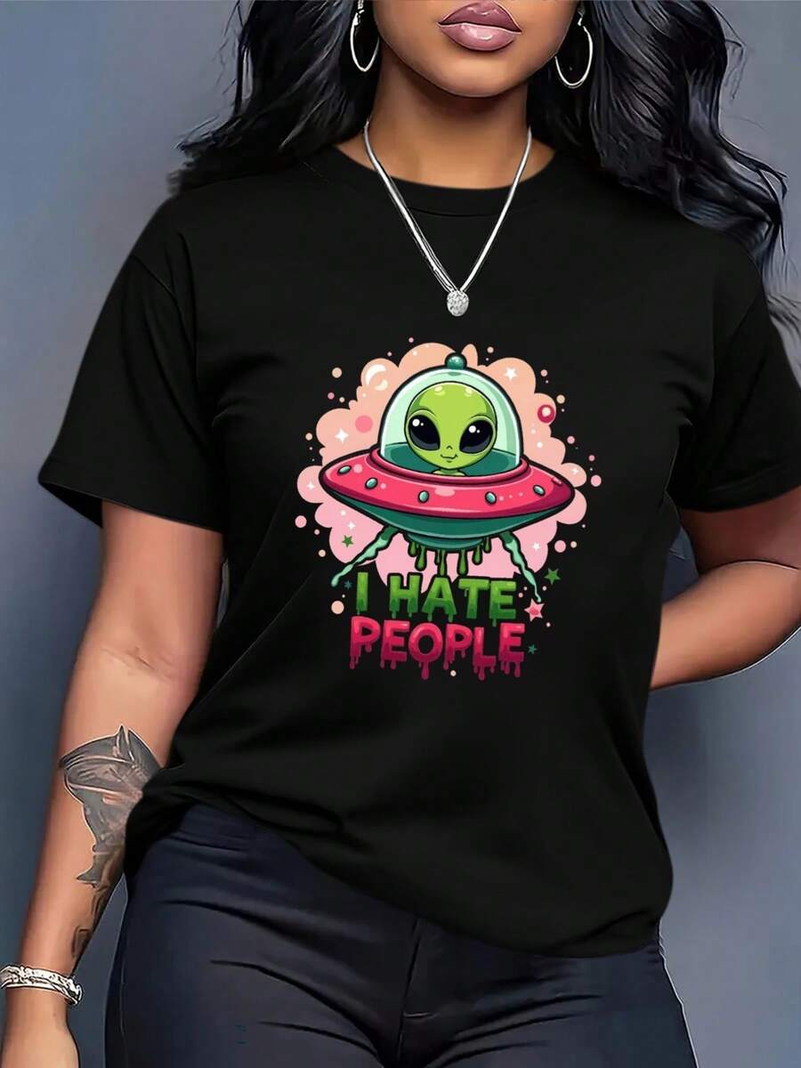 Plus Size Women's Clothing, Loose And Fun Alien Print "I Hate Humans" T-Shirt - Casual White Urban Style Top With Green Alien And Pink UFO Designs, Comfortable And Breathable Fabric Suitable For Everyday Wear And Parties, Casual Summer Round Neck Blouses For Women. Women's Summer Graphic Tees. Women's Casual Printed T-Shirt, Short Sleeve And Round Neck, Local Spring/Summer Urban Fashion. - 黑色 - 查看 1