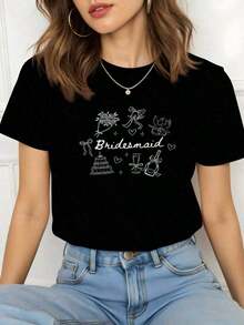 Camiseta Casual de Algodón Premium para Damas de Honor, 220g, Temática Nupcial, Camiseta de Algodón, 1 Pieza, Camiseta con Estampado Gráfico para Celebración, Estilo de Moda, Manga Corta, Cuello Redondo, Top Cómodo para Uso Diario, Idea para Ella, Feliz Pascua, Ecológico - Negro - Ver 1