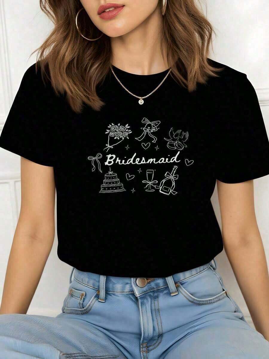 Camiseta Casual de Algodón Premium para Damas de Honor, 220g, Temática Nupcial, Camiseta de Algodón, 1 Pieza, Camiseta con Estampado Gráfico para Celebración, Estilo de Moda, Manga Corta, Cuello Redondo, Top Cómodo para Uso Diario, Idea para Ella, Feliz Pascua, Ecológico - Negro - Ver 1