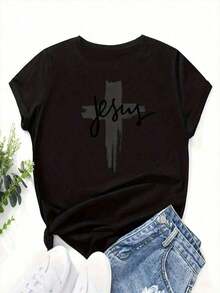 2026Camisetas Gráficas de Moda para Mujer - Estampado "Jesús: Símbolo de Fe y Fuerza", Mangas Cortas, Cuello Redondo, Secado Rápido.Lavable a máquina, textura suave - Perfecta para ocasiones casuales y formales. 100% algodón, transpirable para el verano. Ideal como regalo. Camiseta de mujer. Blusas > Camiseta elegante. - Negro - Ver 2