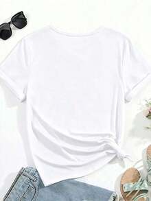 Camiseta Casual de Mujer con Estampado Floral de Margaritas, Cuello Redondo, Manga Corta con Hombros Caídos, Camiseta de Elasticidad Media para Conjuntos de Primavera - Blanco - Ver 3