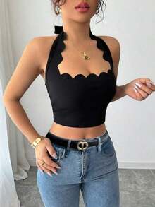 Top corto con escote halter, volantes y amarres en negro para mujer, ideal para vacaciones - Negro - Ver 5