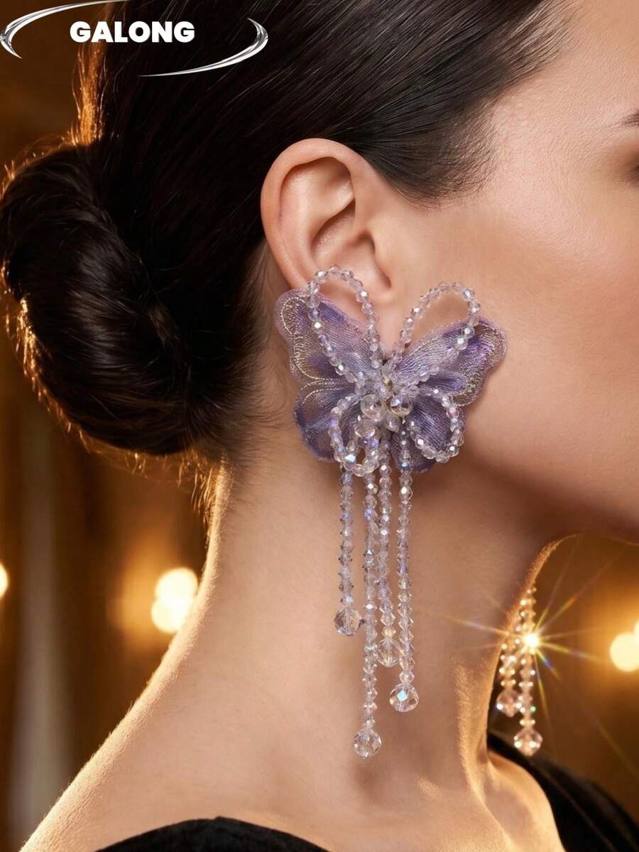Bông tai tua rua hình bướm màu tím đính hạt thủ công, mặt dây chuyền pha lê với cánh lưới, kiểu dáng cổ tích. - Màu Lilac Tím - Xem 1