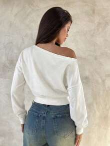 Top de manga larga asimétrico de hombro de punto de color albaricoque para mujer, otoño/invierno - Blanco 2 - Ver 2