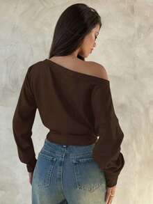 Top de manga larga asimétrico de hombro de punto de color albaricoque para mujer, otoño/invierno - Café integral - Ver 2