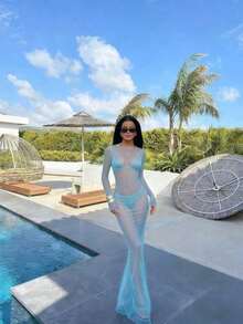 Vestido de manga larga con hombros descubiertos, de malla transparente y ajustado al Body, elegante para el verano - Celeste - Ver 3