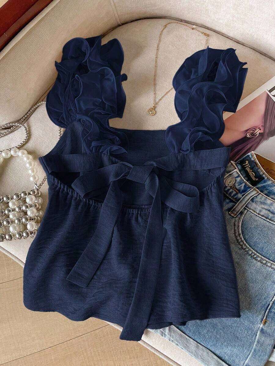 Frenchy Camiseta de tirantes de mujer con volantes de unicolor y parches, con detalle de nudo en la espalda - Azul marino - Ver 1