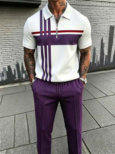 Men's Two-Piece Short-Sleeve Polo Set Featuring White, Blue, And Red Striped Color-Block Design; Men's Fashionable Casual Athletic Wear For Adults.
