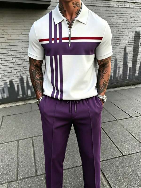 Men's Two-Piece Short-Sleeve Polo Set Featuring White, Blue, And Red Striped Color-Block Design; Men's Fashionable Casual Athletic Wear For Adults.