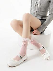 1 Pair Spring/Summer Thin Korean & Japanese Style Lace Ruffle Socks, Sweet Bowknot Leg Warmers For Girls - Multicolor - View 15