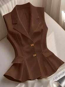 Blazer blanco ajustado de línea A con cuello en V francés, elegante, con lazo y botones sin mangas para mujer, para primavera/verano - Marrón - Ver 5