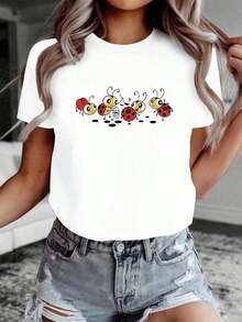 ComfortableCamiseta de mujerestampadodemariquitadedibujosanimadosypequeñopintor,camisetademangacortadecuelloredondoparaprimavera-verano,camisetadealgodónpuro,,,nuevacamisetadeveranoholgadayv - Blanco - Ver 9