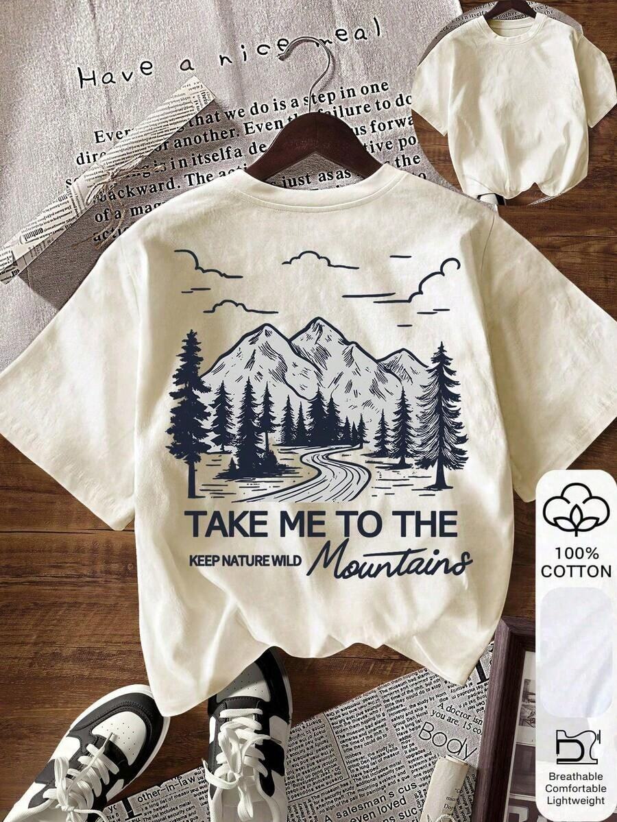 Camiseta casual de mujer de manga corta con cuello redondo, estampado de pintura al óleo con eslogan de veranoPure-Cotton - Albaricoque 1 - Ver 1