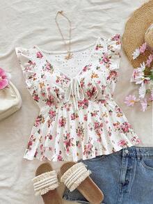 Camiseta de mujer con patrón de flores pequeñas sobre telas texturizadas, cuello en V con nudo delantero, para vacaciones de verano, tiempo libre y vuelta al colegio - Multicolor - Ver 7