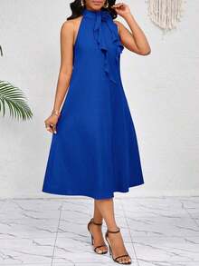 Lady Vestido de longitud media naranja con decoración de volantes florales tridimensionales en el cuello.Elegante y holgado para damas.Ideal para vacaciones de primavera y verano.Estilo bohemio. - Azul marino - Ver 4