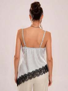 Camiseta de tirantes asimétrica con entramado de encaje transparente - Blanco - Ver 2