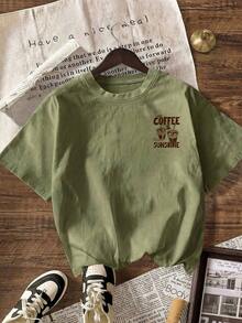 Camiseta gráfica COFFEE CLUB, camiseta casual de manga corta con cuello redondo para mujer, adecuada para verano, vacaciones, playa rosa. - Verde militar - Ver 3