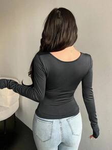 Blusa casual de manga larga con cuello asimétrico y unicolor, para uso diario - Gris - Ver 2
