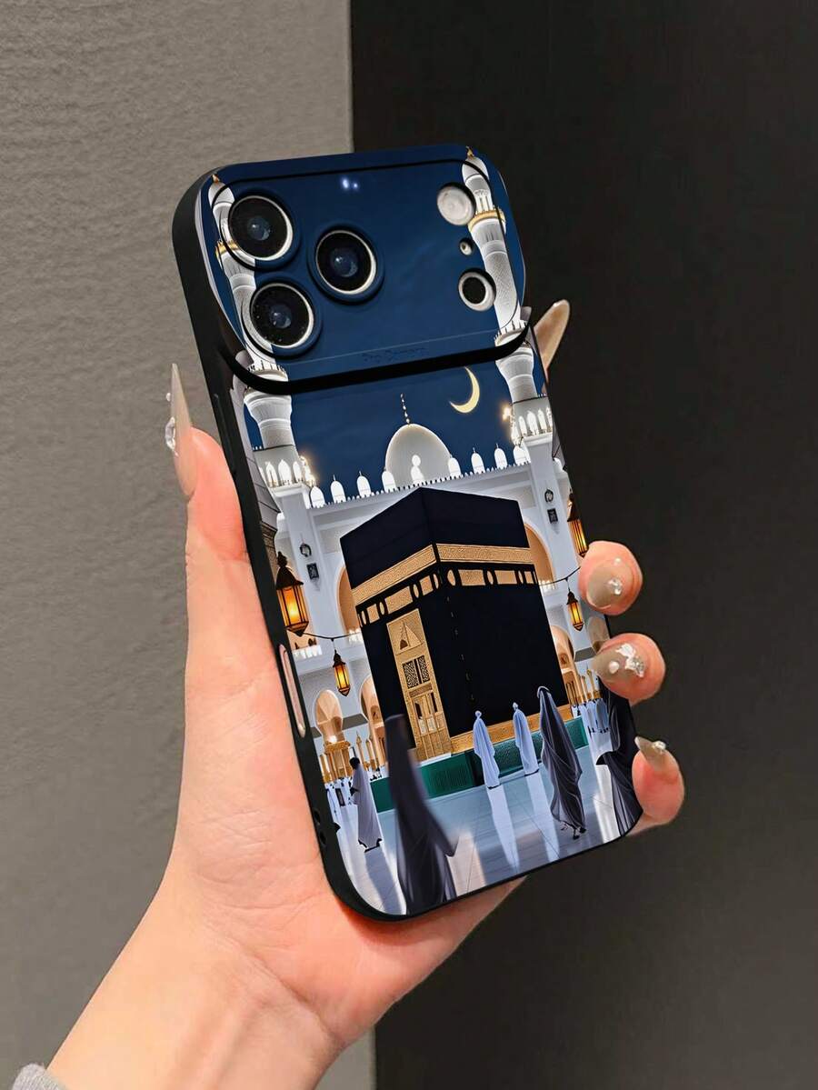 Festival 1件裝黑色液態矽膠 TPU 防震手機殼,UV 印刷卡通伊斯蘭麥加清真寺圖案,適用於 iPhone/GALAXY - 彩色 - 查看 1
