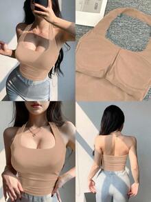 Top de tirantes finos y espalda descubierta de corte ceñido y corto en color marrón, adecuado para verano y primavera en estilo Y2K - Albaricoque 2 - Ver 1