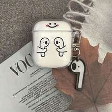 Expression 1pc Cute & Creative Smiling Face Earphone Case + Acrylic Pendant Decoration, Compatible With Airpods 4/3/2/Pro/Pro2/Pro3 Earphone Protective Case - White - View 3