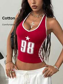 Top de punto ajustado de cuello halter con diseño de ojales para mujer - Rojo - Ver 6