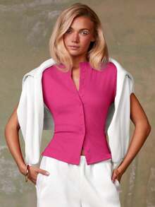 Cárdigan rojo casual para mujer - Rosa Fucsia - Ver 3