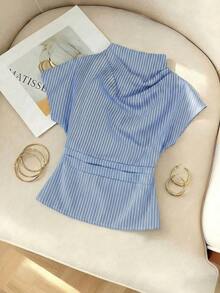 Blusa de bambú y lino con cuello arrugado, mangas asimétricas, plisado lateral y cintura ceñida, para uso diario, color albaricoque, para todas las estaciones - Azul y blanco 2 - Ver 2