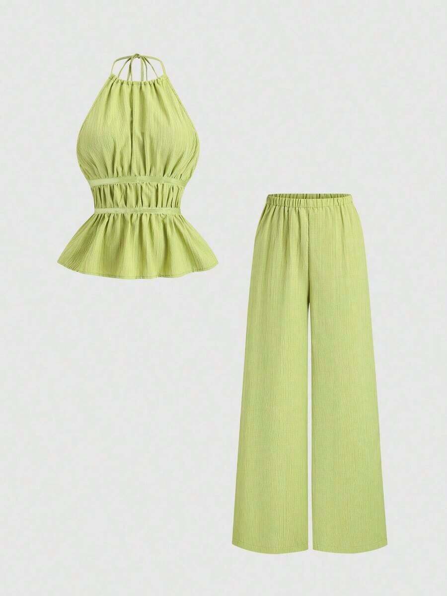 Conjunto de 2 piezas estilo francés relajado con camiseta sin mangas de cintura ceñida y pantalón ancho de pierna holgada, un conjunto de moda para mujeres - Verde - Ver 1