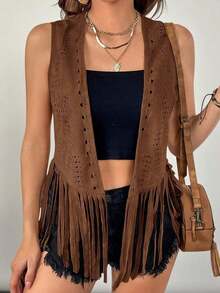 Chaleco/chaqueta de mujer talla grande con estilo boho y western, de unicolor con parches y flecos en el bajo, para usar en verano, otoño e invierno - Café integral - Ver 1