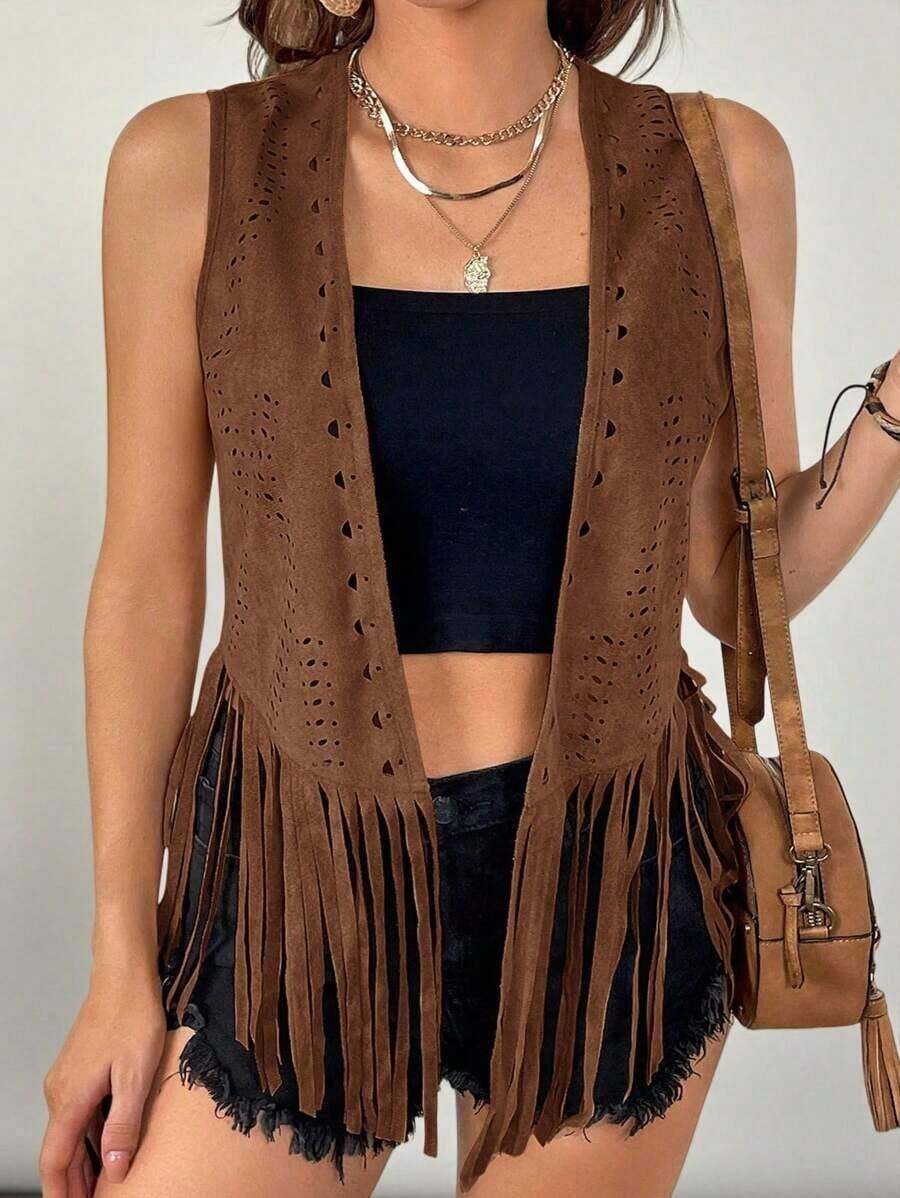 Chaleco/chaqueta de mujer talla grande con estilo boho y western, de unicolor con parches y flecos en el bajo, para usar en verano, otoño e invierno - Café integral - Ver 1
