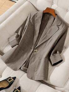 Blazer de lino de 3/4 de manga con cintura ajustable, diseño de botones, adecuado para ir al trabajo, eventos formales, fiestas elegantes, ropa de oficina - Primavera, Verano, Otoño - Marrón - Ver 6
