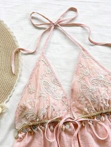 Conjunto de 2 piezas de vacaciones para mujer, top de tirantes con escote en V con textura rojo y shorts sueltos extremadamente cortos, adecuado para citas, fiestas y paseos por la ciudad - Rosa 2 - Ver 4