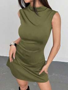 Vestido casual de mujer de un solo color, de corte delgado y sin mangas, primavera - Verde militar - Ver 4