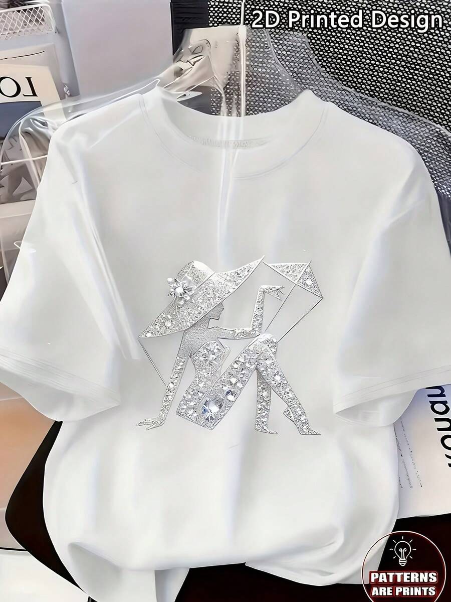 Camiseta de talla grande con estampado gráfico, manga corta, cuello redondo, top casual para verano y primavera, ropa de talla grande para mujer, camiseta de algodón cómoda, versátil y casual. - Blanco - Ver 1