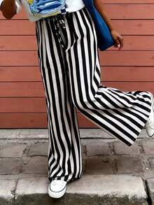 Pantalones sueltos y casuales a rayas para mujer, pantalones ligeros y cómodos de estilo bohemio elegante para primavera, verano y otoño, vacaciones en color rosa - Blanco y Negro - Ver 4