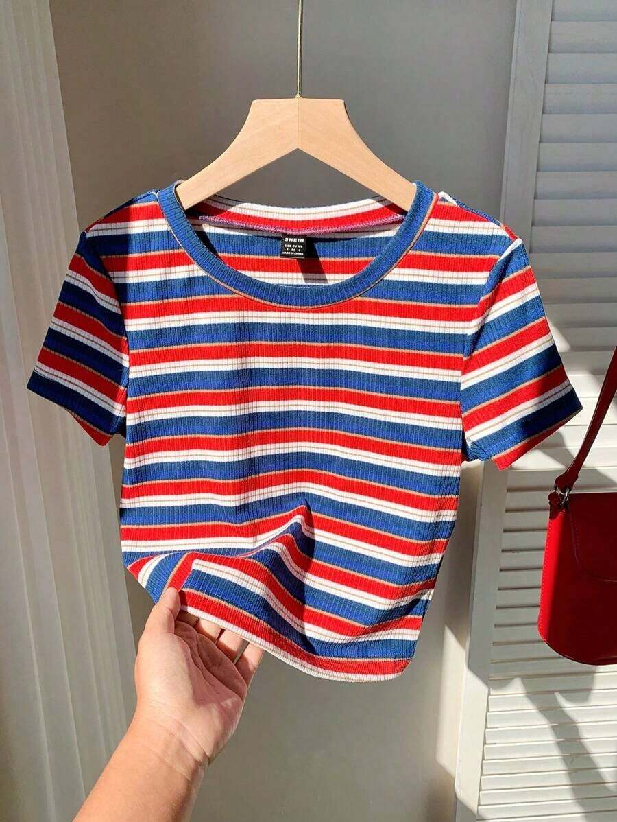 Camiseta ajustada de punto a rayas de colores amarilla para mujer - Multicolor 2 - Ver 1