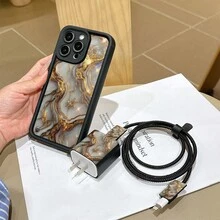6合1套組：黑色大理石紋手機殼 + 充電頭保護套 + 線材保護套 + 收納繩 + 數據線纏繞繩，TPU防震保護殼，適用於 6/7/8/X/Xs/XR/XS Max/11/12/13/14/15/16 Pro Max，適合作為生日/聖誕禮物送給情侶、女友、女兒、青少年 - 彩色 - 查看 4