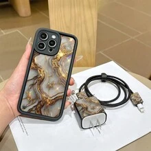 6合1套組：黑色大理石紋手機殼 + 充電頭保護套 + 線材保護套 + 收納繩 + 數據線纏繞繩，TPU防震保護殼，適用於 6/7/8/X/Xs/XR/XS Max/11/12/13/14/15/16 Pro Max，適合作為生日/聖誕禮物送給情侶、女友、女兒、青少年 - 彩色 - 查看 3