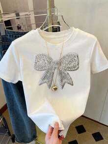 1 pieza Camiseta de cuello redondo de manga corta con adorno de rhinestones minimalista y de moda para mujer, un gran regalo para amigos - Blanco 2 - Ver 5