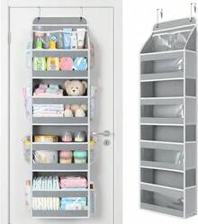 SXYecaye 5 Tier 1Pc Over The Door Organizer, Stuffed Animal Storage With Clear PVC Windows, Door Organizer Hanging For Bedroom Nursery Closet Dorm Room Laundry Pantry Bathroom, Grey - 柔和的天藍色 - 查看 1