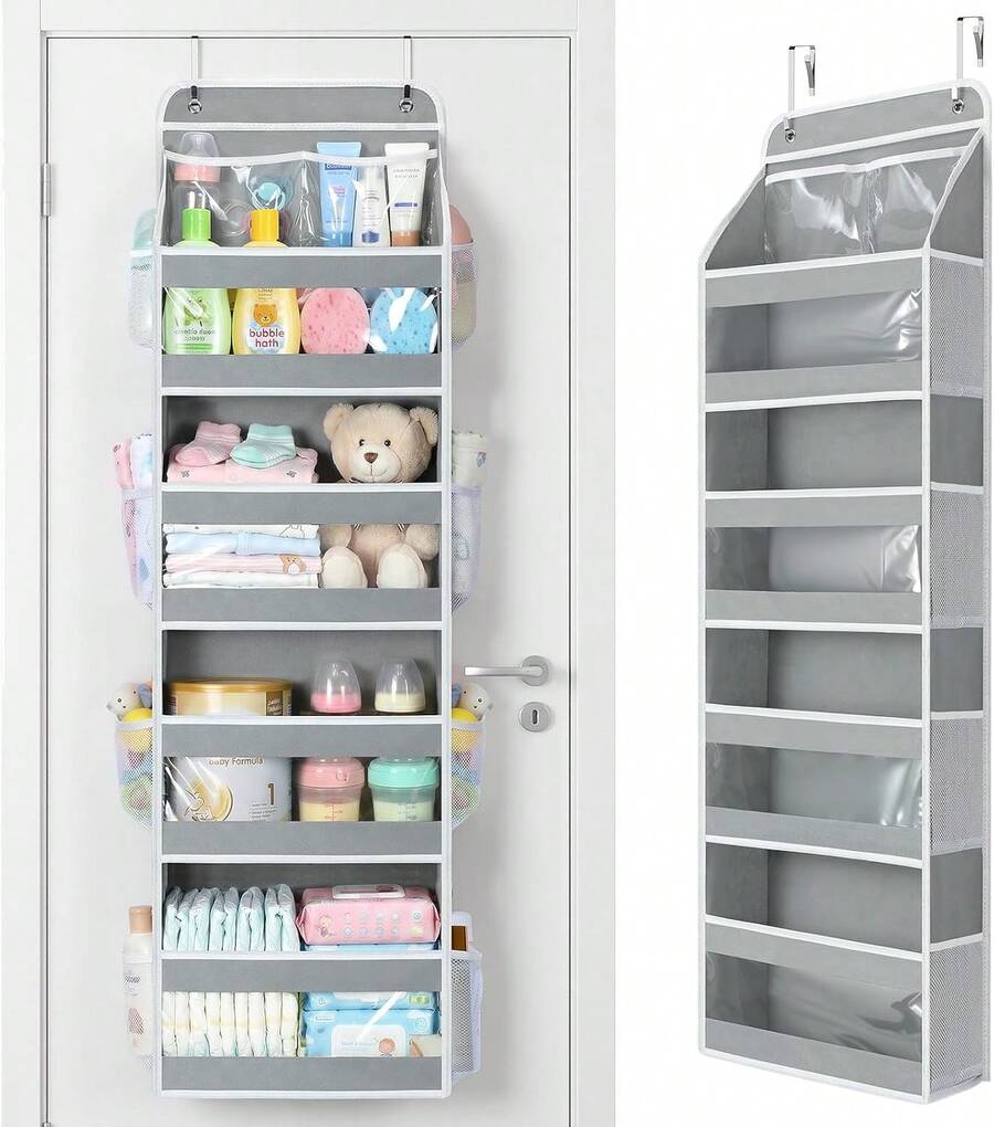 SXYecaye 5 Tier 1Pc Over The Door Organizer, Stuffed Animal Storage With Clear PVC Windows, Door Organizer Hanging For Bedroom Nursery Closet Dorm Room Laundry Pantry Bathroom, Grey - 柔和的天藍色 - 查看 1
