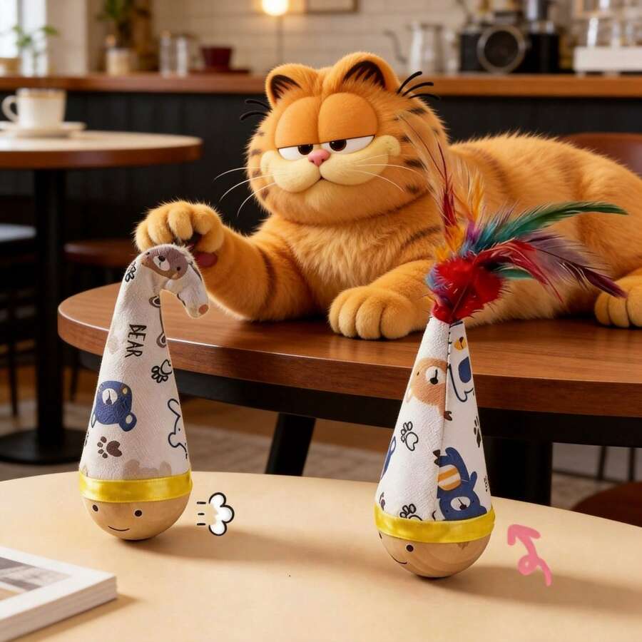 1pc Cartoon Print Roly-Poly Cat Toy With Feather Wand, Automatic Swinging Motion Without Battery, Amusing Distraction Toy For Cats To Play And Exercise Instincts, Durable & Material Suitable For All Cat Breeds And Sizes - View 1