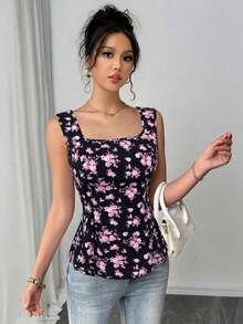 Camisa sin mangas para mujer con cuello mao y corbata plegable de tela estampada - Negro - Ver 4