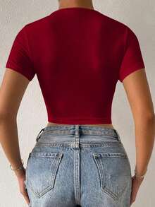 Camiseta casual de mujer con pliegues delanteros y cordón ajustable y sexy - Burdeos - Ver 2
