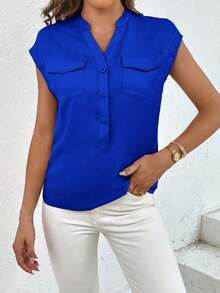 Camisa casual de mujer de unicolor con cuello en V, abotonadura sencilla y bolsillo - azul real - Ver 6